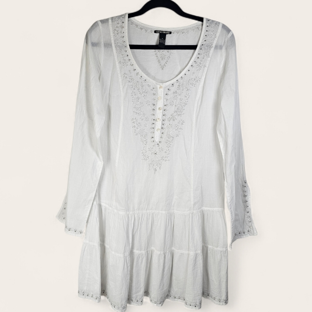 Lucky‎ Brand Mini Dress Tunic Cotton Embroidered Sequin Tiered Top M